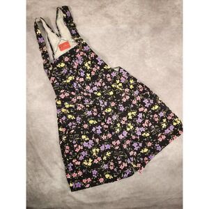 Vintage‎ No Problem! Floral Denim Shortalls Black Purple Pink Yellow 90s Medium